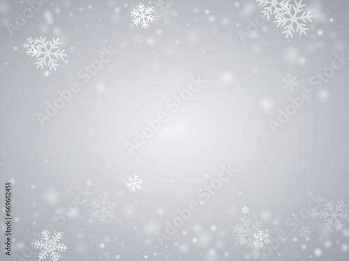 Simple heavy snow flakes background. Snowfall fleck frozen particles. Snowfall sky white gray pattern. Filigree snowflakes christmas texture. Snow cold season scenery.