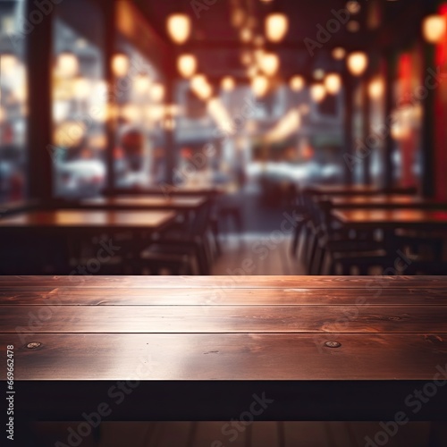 Dark empty wooden table and blurred cafe background front view ai generative
