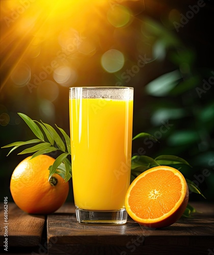 Fresh orange juice in the glass on dark wooden table with blurry nature background ai generative
