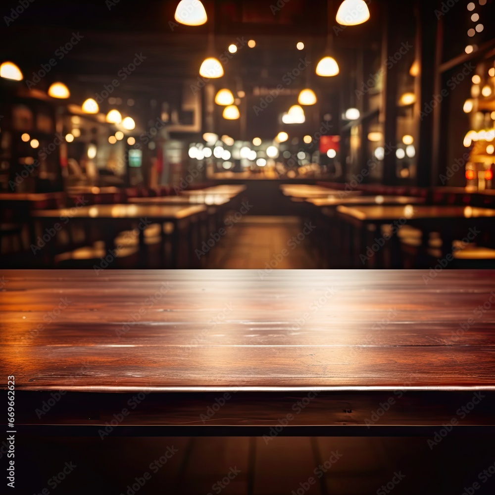 Dark empty wooden table and blurred cafe background front view ai generative