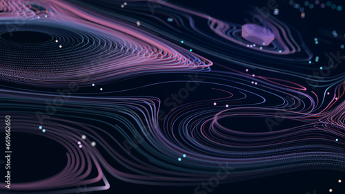 Abstract glitter particles in dark space. Network data transfer concept. 3D rendering.