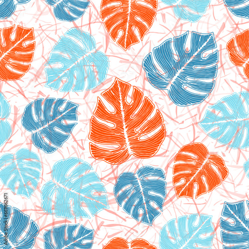 Philodendron tropical leaves floral seamless rapport over noisy background.