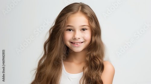 Acloseup photo portrait of a cute beautiful young girl kid smiling with clean teeth. Used for a dental ad. © Tom