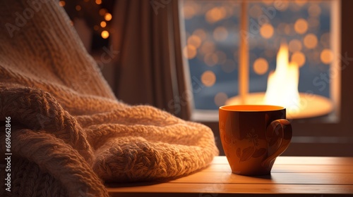  A mug of hot tea stands on a chair with a woolen blanket in a cozy living room with a fireplace. Cozy winter day