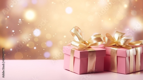 Christmas gift boxes with gold bow on rose defocused holiday background