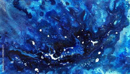 Abstract Watercolor indigo blue splash on paper texture