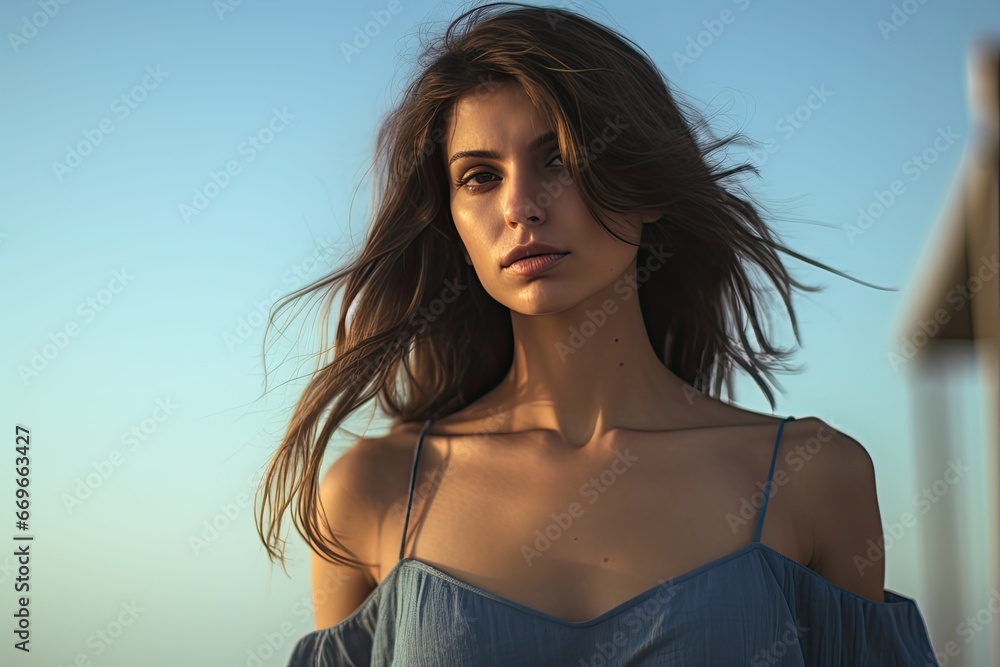 A beautiful young woman enjoys her summer vacation on a tropical beach, radiating beauty and happiness in the sun and sea. A beautiful young woman enjoys her summer vacation on a tropical beach, radiating beauty and happiness in the sun and sea.