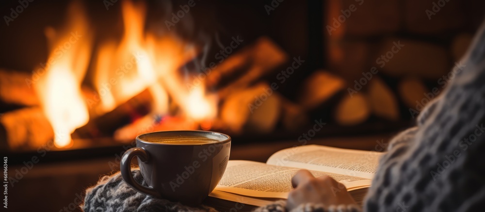 Woman warming up by the fireplace with coffee and a book - obrazy, fototapety, plakaty 
