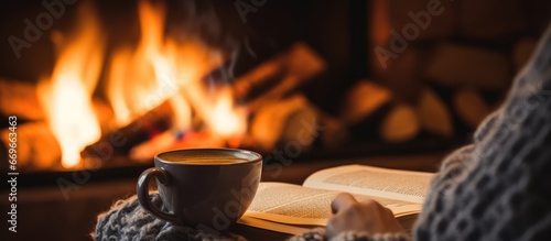 Woman warming up by the fireplace with coffee and a book