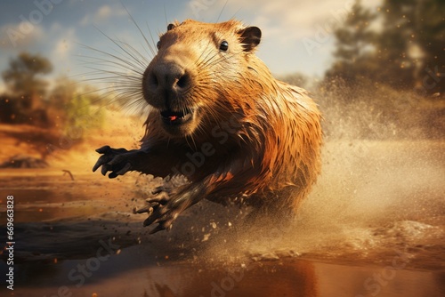 Realistic illustration of a capybara in action. Generative AI