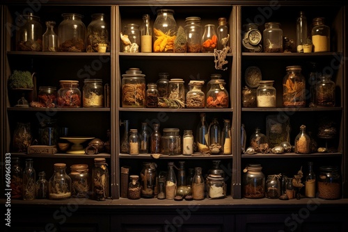 Dimly lit shelves filled with miscellaneous antique items, jars, and framed images. Generative AI © Jovanni