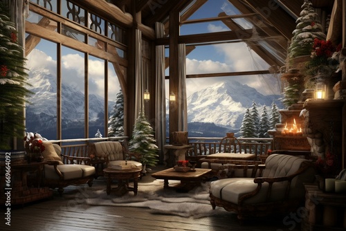 Stunning indoors with snowy scenery. Generative AI
