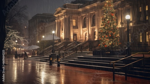 Enchanting Portland Christmas  Pioneer Courthouse and the Sparkling Christmas Tree on a Rainy Winter Night