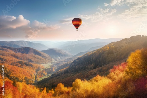 Hot air balloon soaring in picturesque mountain landscape. Generative AI