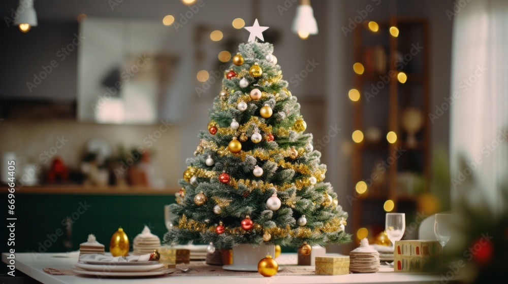 AI-Generated Image of an Artificial Christmas Tree Adorned with Ornaments, Sitting on a Table during a Family Christmas Dinner Celebration. AI-Generated Image of an Artificial Christmas Tree Adorned with Ornaments, Sitting on a Table during a Family Christmas Dinner Celebration.