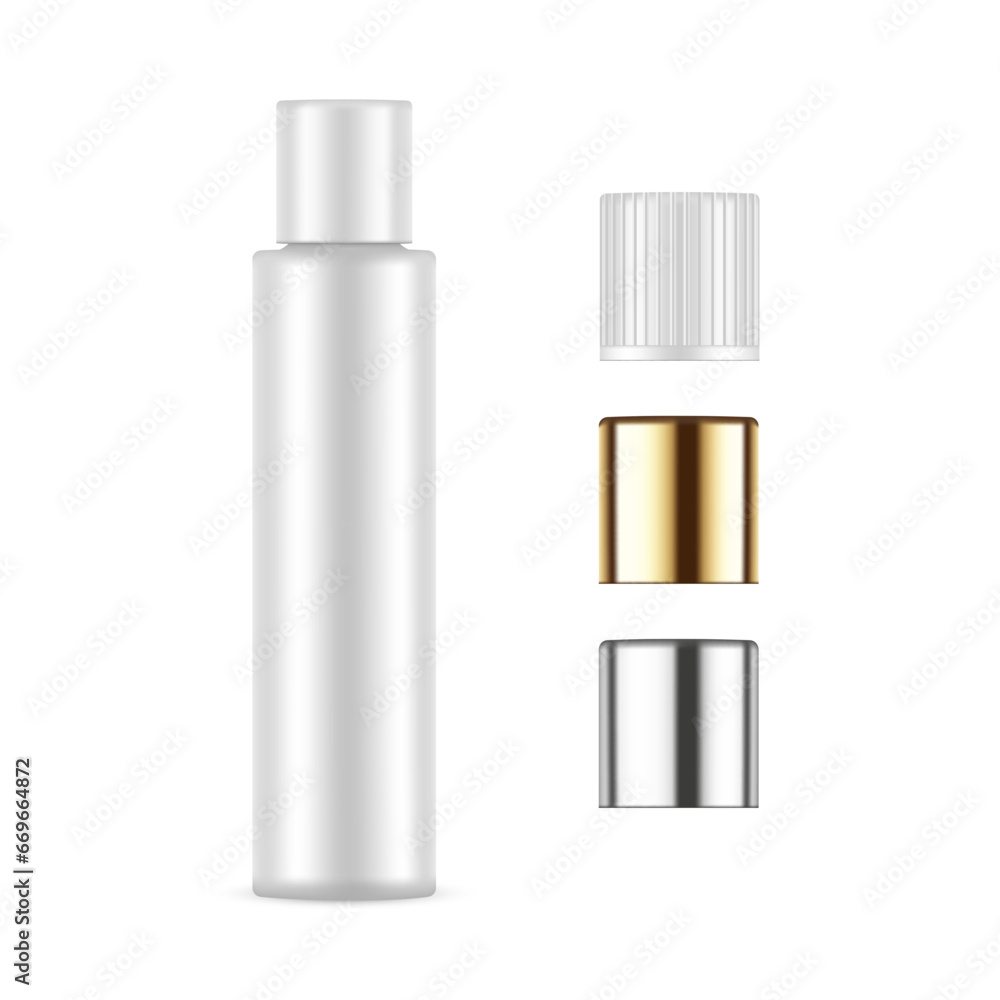 Shampoo Bottle Mockup With Metallic, Plastic, Golden Caps, Isolated On White Background. Vector Illustration Shampoo Bottle Mockup With Metallic, Plastic, Golden Caps, Isolated On White Background. Vector Illustration