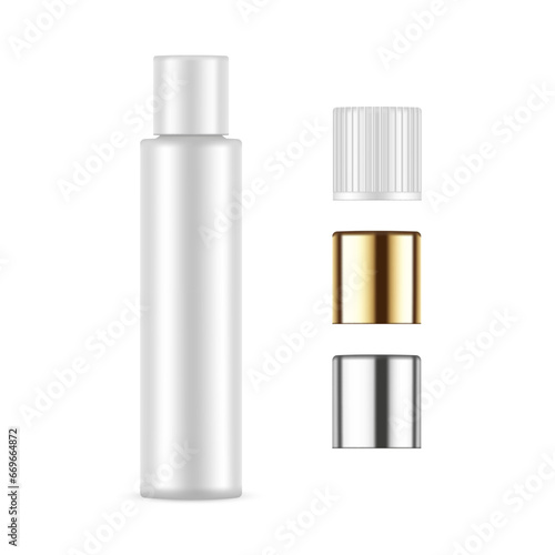 Shampoo Bottle Mockup With Metallic, Plastic, Golden Caps, Isolated On White Background. Vector Illustration