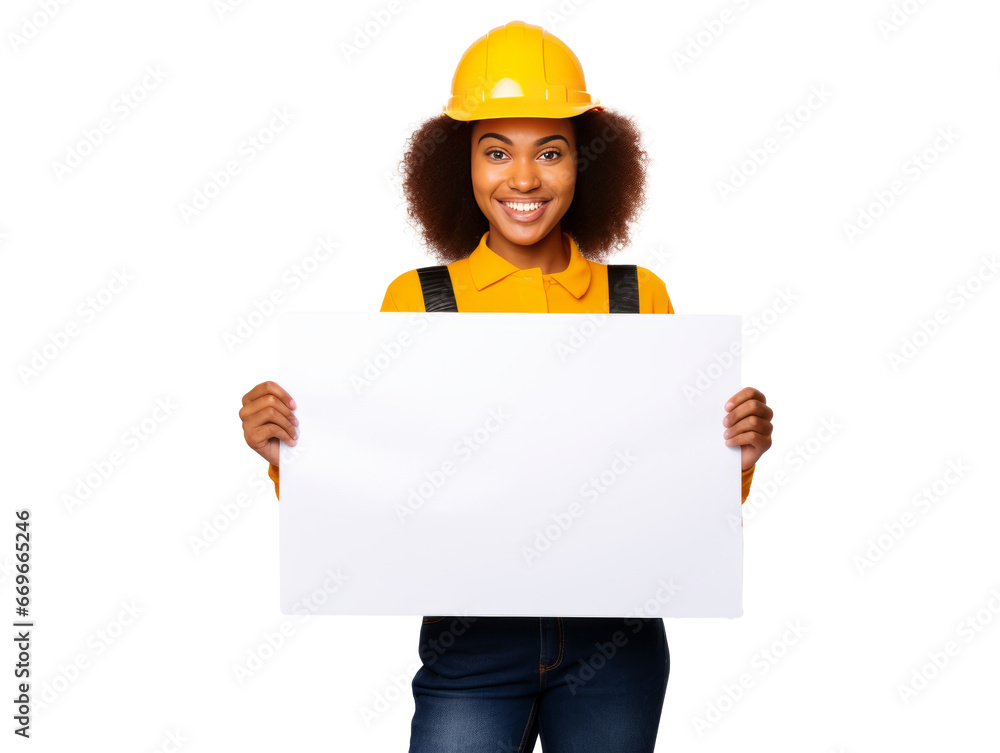 Woman builder hold white paper sheet. Free space for text. Isolated on transparent background Woman builder hold white paper sheet. Free space for text. Isolated on transparent background