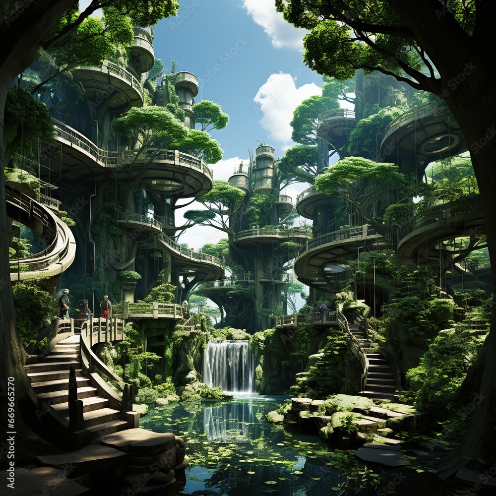 A vibrant and hopeful depiction of a sustainable future, where humans and nature live in harmony