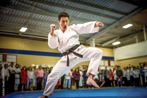 A skilled martial artist engaged in a dynamic display of karate, emphasizing the combination of strength, exercise, and powerful kicks at sportive event