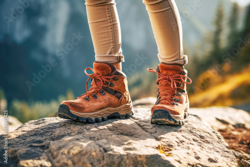 A close-up of a hiker's boots as they prepare to set off on a scenic autumn trek, capturing the anticipation and excitement of an outdoor adventure.