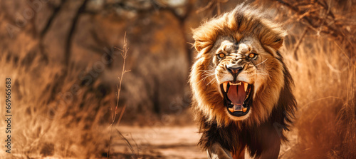 A fierce lion, the apex predator of the African savanna, showcasing its powerful teeth and mane in the wild. photo