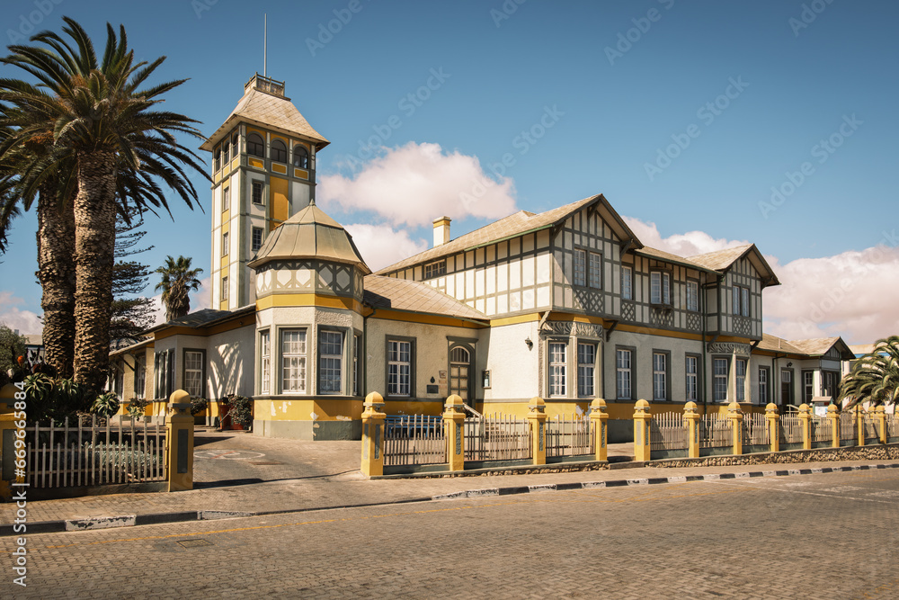 The Woermannhaus in Swakopmund, Namibia. Built in 1894, it is a one of city?s oldest buildings and historic icon with its German-style fa?ade. Today it serves as a public library and art center.