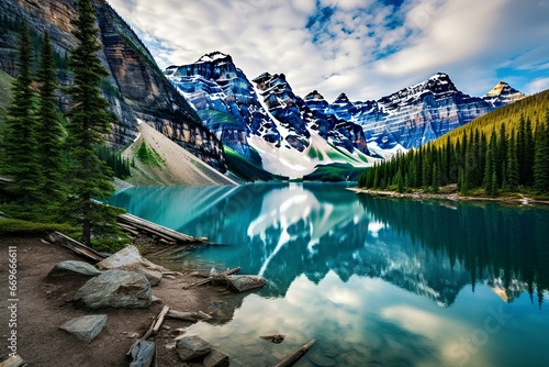 Beautiful lake surrounded by stunning scenery. Generative AI