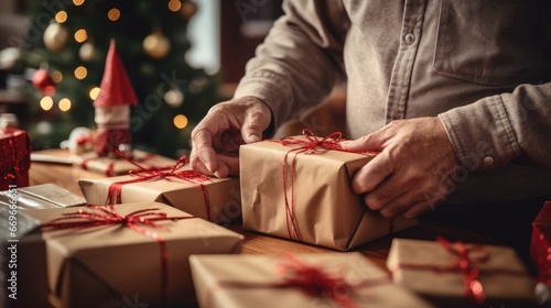 Close-up of an senior man's hands wrapping gifts for Christmas Day. Gift boxes with red ribbon. Packing of the christmas presents Generative AI