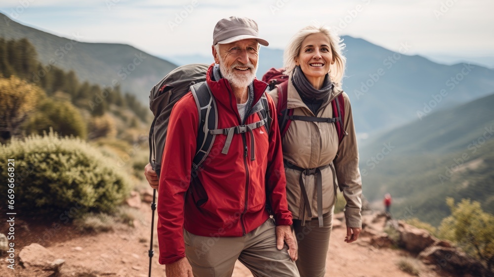 Senior pensioner couple hiking in nature. Generative AI