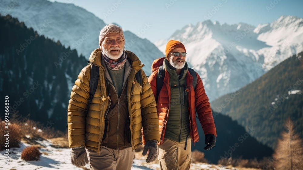 Hiking, two male seniors in the mountains to exercise, trekking and adventure with a backpack. Explorer, discovery and expedition with older friends walking for health, retirement and travel. AI