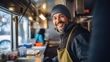 Happy young owner standing and smiling in food truck.Generative AI