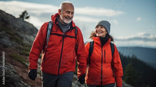 Smiling senior pensioner couple hiking in nature. Generative AI