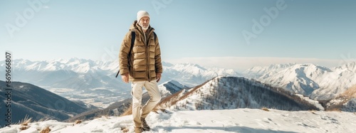 Between peaks and valleys, an older man conquers the mountain with determined steps. His face reflects the serenity that only nature offers. Outdoor activities of determined seniors. Generative AI