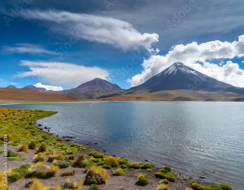 High-altitude lake and volcanoes in Altiplano plateau.