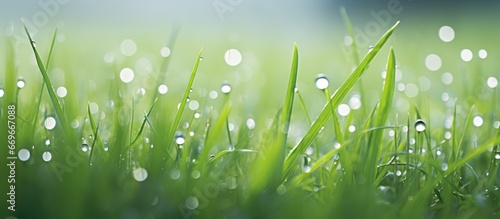 Blurry background with morning grass covered in dew