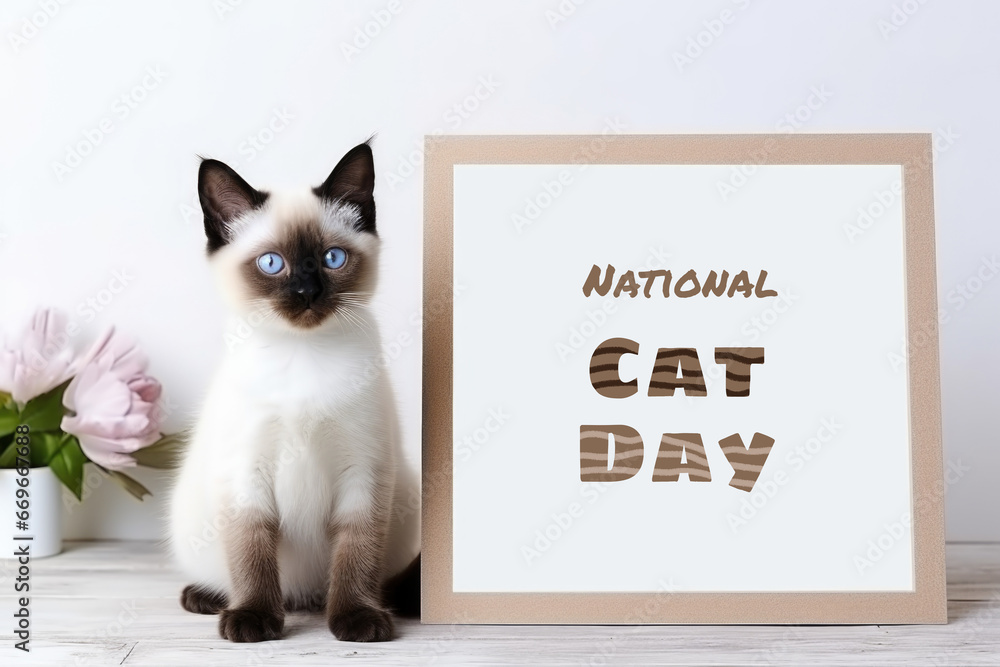 A siamese cat sitting next to a picture frame, text National Cat Day.