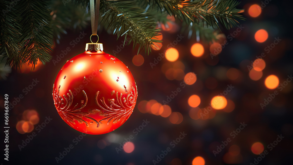 Christmas red decorations on snow with fir tree branches and christmas lights. Winter Decoration Background.