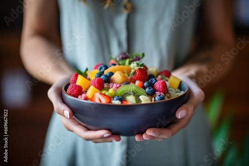 A woman holding a bowl of fruit salad photo