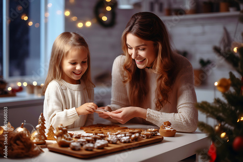 Cute little girl and her beautiful mother are preparing cookies for Christmas.