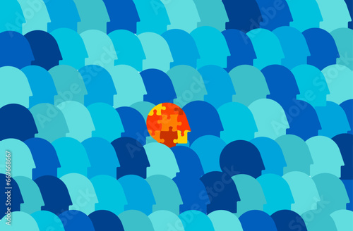 Differently abled human in social crowd, illustration about autism awareness and social inclusion