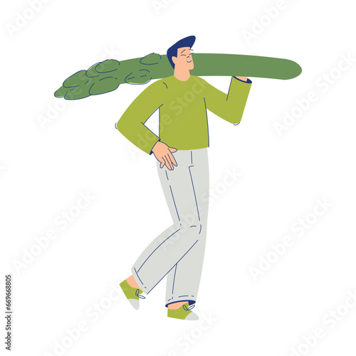 Eco Friendly with Happy Man Character Carry Huge Asparagus Stalk Vector Illustration