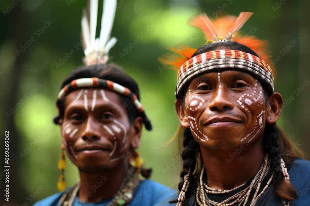 Portrait of indigenous tribe people. Traditional Indian with painted faces. Native American people