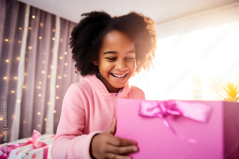 Happy African American child girl in pink clothes holds a gift in a pink package in her hands. Christmas morning and birthday concept Happy African American child girl in pink clothes holds a gift in a pink package in her hands. Christmas morning and birthday concept