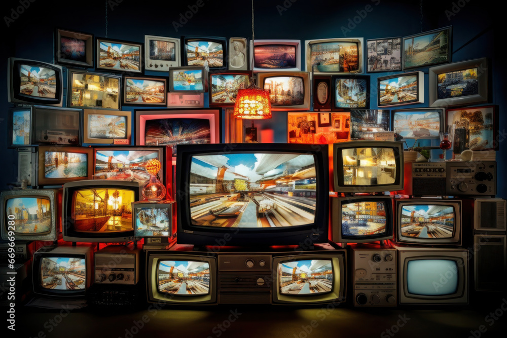 Lots of TV screens in a dark room. Television addiction. Manipulation of people with the help of mass media. Entertainment and streaming content consumption Lots of TV screens in a dark room. Television addiction. Manipulation of people with the help of mass media. Entertainment and streaming content consumption