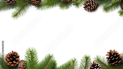 Christmas border frame with fir tree branches and pine cones isolated on white background