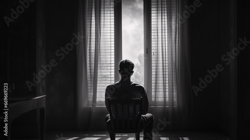 A monochromatic image displaying one person ruminating alone by a window, demonstrating the meditative disposition of musing and reflection.
