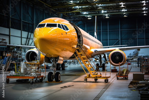 Maintenance of aircraft in hangar. Checking system and replacement of spare parts for safe flights