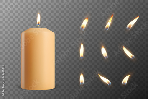 Vector 3d Realistic Paraffin Wax Burning Party, Spa Candle and Burning Flame Set Closeup Isolated. Candle, Candle Flame Design Template, Front View