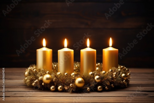 A group of four candles sitting on top of a wooden table © Friedbert